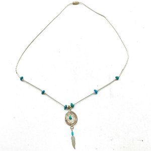 Double Circle Dream Catcher Pendant Necklace Liquid Silver Chain Turquoise Chip